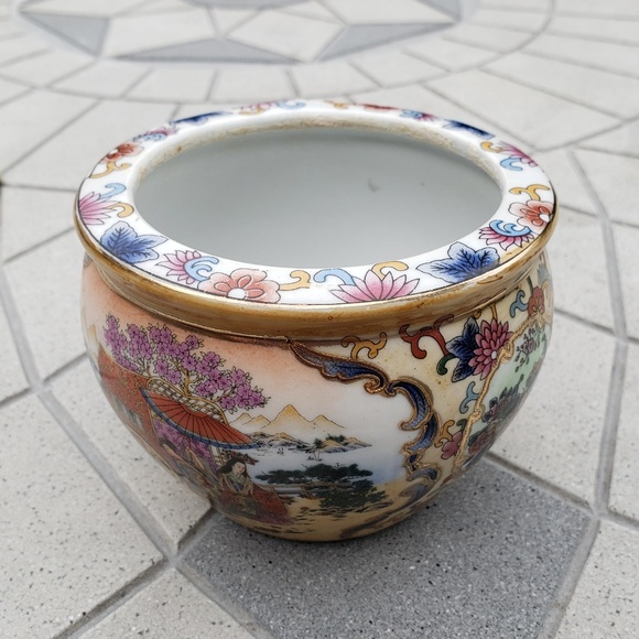 Vintage Other - Asian Small Geisha Porcelain Bamboo Planter Bowl